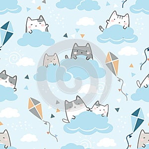 Seamless Pattern Kawaii Cute Cats play kite