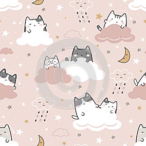 Seamless Pattern Kawaii Cute Cats Sleeping, Cartoon Animals Background, Vector Illustration. Good Night Collection