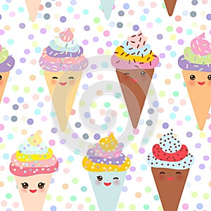 Seamless pattern Kawaii funny Ice cream waffle cone, muzzle with pink cheeks and winking eyes, pastel colors on white background.