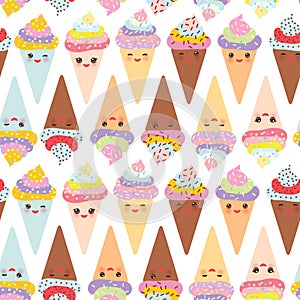 Seamless pattern Kawaii funny Ice cream waffle cone, muzzle with pink cheeks and winking eyes, pastel colors on white background.