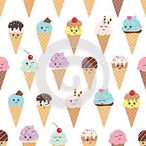 Seamless pattern with kawaii ice cream cones.