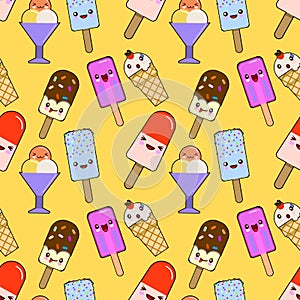 Seamless pattern with kawaii ice cream cones on yellow background isolated  illustration