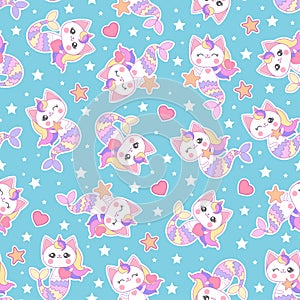 Seamless pattern with kawaii mermaid cats. Vector