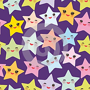 Seamless pattern Kawaii stars set, face with eyes, boys and girls pink green blue purple yellow pastel colors on purple background