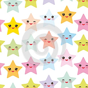 Seamless pattern Kawaii stars set, face with eyes, boys and girls pink green blue purple yellow pastel colors on white