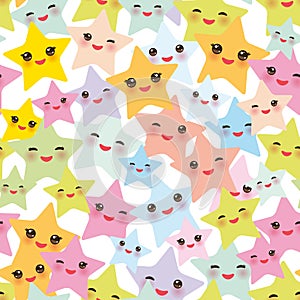 Seamless pattern Kawaii stars set, face with eyes, boys and girls pink green blue purple yellow pastel colors on white