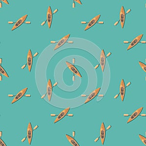 Seamless pattern with kayak boats on turquoise background