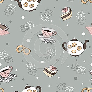 Seamless pattern with a kettle, cups , cakes, pretzels, flowers