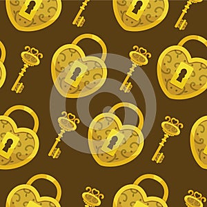 Seamless pattern with key vector. Gold lock hearts and keys background.