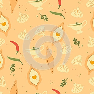 Seamless pattern with khinkali, khachapuri and sauce. Vector graphics