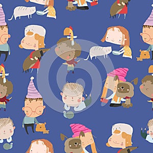 Seamless Pattern with Kids and Pets on Blue Background