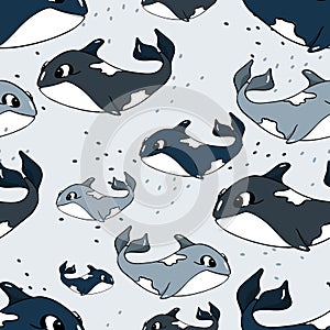 Seamless pattern with killer whales. Children`s cartoon style. Vector illustration for printing on fabric, baby room decoration,