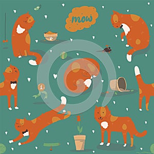 Seamless pattern with kind funky ginger cats, fun, stylish. Vector illustration with cat accessories - food, toys, broken flower.