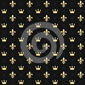 Seamless Pattern with King Crowns and Royal Heraldic Fleur de Lys Lily on Dark Background. Vector photo