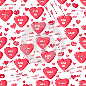 Seamless pattern with kiss, arrow, and more sweet hearts.