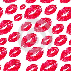 Seamless pattern kiss red lipstick on isolated white background