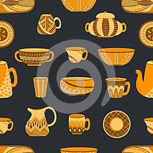 Seamless pattern for the kitchen with ceramic utensils
