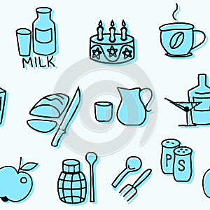 Seamless pattern of kitchen items in blue. Vector illustration