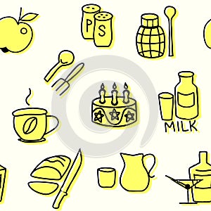 Seamless pattern of kitchen items in yellow. Vector illustration