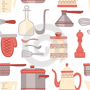 Seamless pattern. Kitchen utensils set. Kitchenware, cookware, kitchen tools collection. Modern kitchen utensil icons in arabic