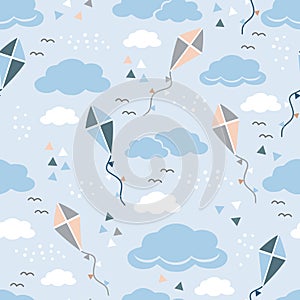 Seamless Pattern kites and clouds