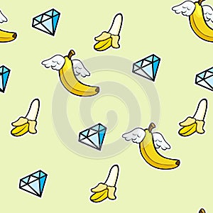 Seamless pattern with kline icons of flying bananas and diamonds - doodle abstract background