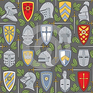 Seamless pattern with knightly helmets and shields photo