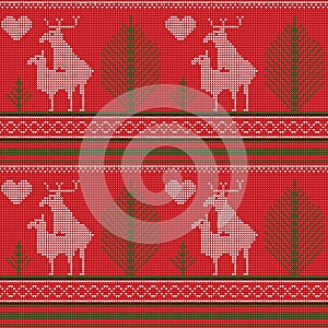 Seamless pattern of a knitted sweater, reindeer love, fir, heart, humor. Printing, textile paper. Vector image