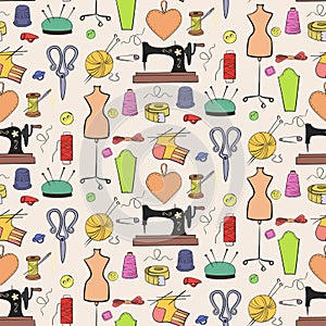 Seamless pattern of knitting, sewing and needlework icons.