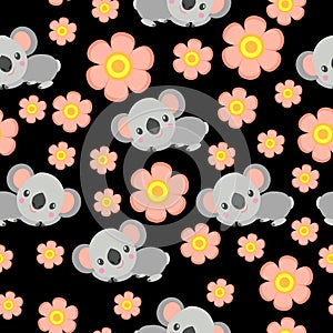 Seamless pattern with koala babies and pink flowers. Black background. Floral ornament. Flat Ñartoon style. Cute and funny