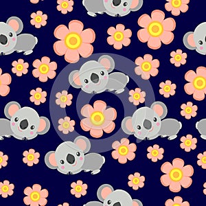 Seamless pattern with koala babies and pink flowers. Blue background. Floral ornament. Flat Ñartoon style. Cute and funny