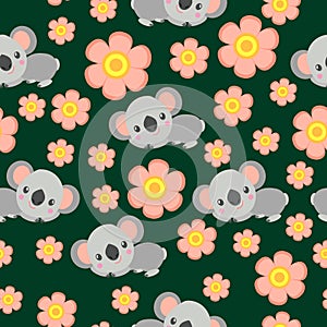 Seamless pattern with koala babies and pink flowers. Green background. Floral ornament. Flat ÃÂartoon style. Cute and funny