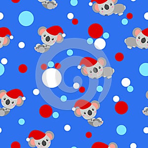 Seamless pattern with koala babies in red Christmas hats lying and smiling. Classic blue background. Pink, red and pastel blue