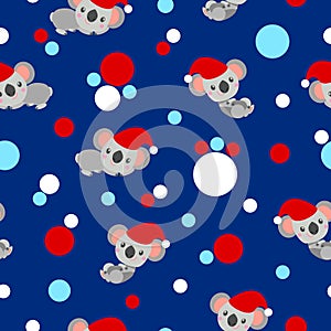 Seamless pattern with koala babies in red Christmas hats lying and smiling. Classic blue background. Pink, red and pastel blue