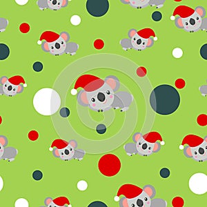 Seamless pattern with koala babies in red Christmas hats lying and smiling. Grass green background. White, red, Tidewater Green