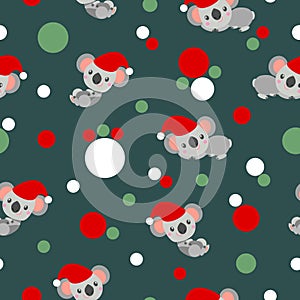 Seamless pattern with koala babies in red Christmas hats lying and smiling. Tidewater Green background. Pink, red and green