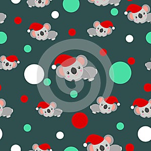 Seamless pattern with koala babies in red Christmas hats lying and smiling. Tidewater Green background. White, red, light green