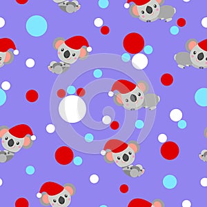 Seamless pattern with koala babies in red Christmas hats lying and smiling. Violet background. White, red and pastel blue confetti