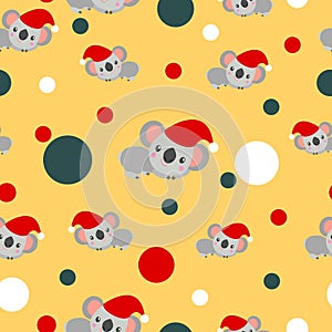 Seamless pattern with koala babies in red Christmas hats lying and smiling. Yellow background. White, red and tidewater green