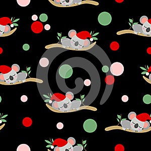 Seamless pattern with koala babies in red Christmas hats sleeping on eucalyptus branches. Black background. Pink, red and green