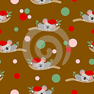 Seamless pattern with koala babies in red Christmas hats sleeping on eucalyptus branches. Brown background. Pink, red and green