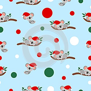 Seamless pattern with koala babies in red Christmas hats sleeping on eucalyptus branches. Pastel blue background. White, red and