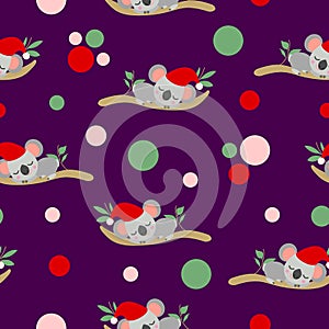 Seamless pattern with koala babies in red Christmas hats sleeping on eucalyptus branches. Purple background. Pink, red and green