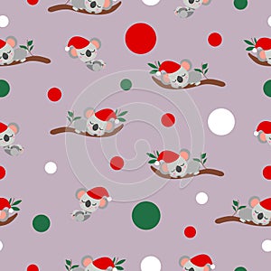 Seamless pattern with koala babies in red Christmas hats sleeping on eucalyptus branches. Purple gray background. White, red and