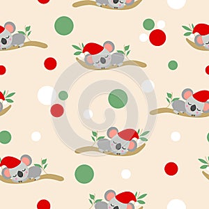 Seamless pattern with koala babies in red Christmas hats sleeping on eucalyptus branches. Set Sail Champagne background. White,