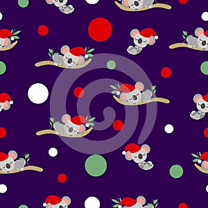 Seamless pattern with koala babies in red Christmas hats sleeping on eucalyptus branches. Violet background. White, red and green