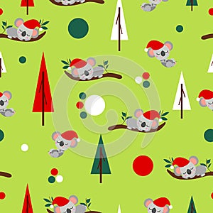 Seamless pattern with koala babies in red Christmas hats sleeping on eucalyptus. Fir trees. May green background. White, red and