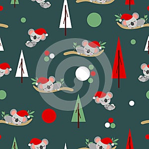 Seamless pattern with koala babies in red Christmas hats sleeping on eucalyptus. Fir trees. Tidewater Green background. White, red