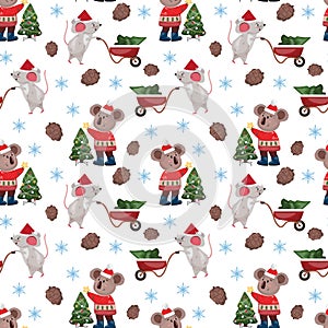 Seamless pattern with a koala bear, mouse, Christmas tree, pine cone and snow flake.