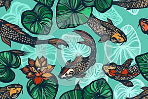 Seamless pattern with koi carp fish, flowers and leaves of the lotus. Pond. Background in the Chinese style. Hand drawn.